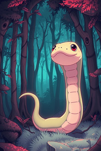 An adorable, charming, cute long snake in a forest, rendered in an Isekai anime style with expressive composition and surreal infrared tones, creating an otherworldly appearance.jpg